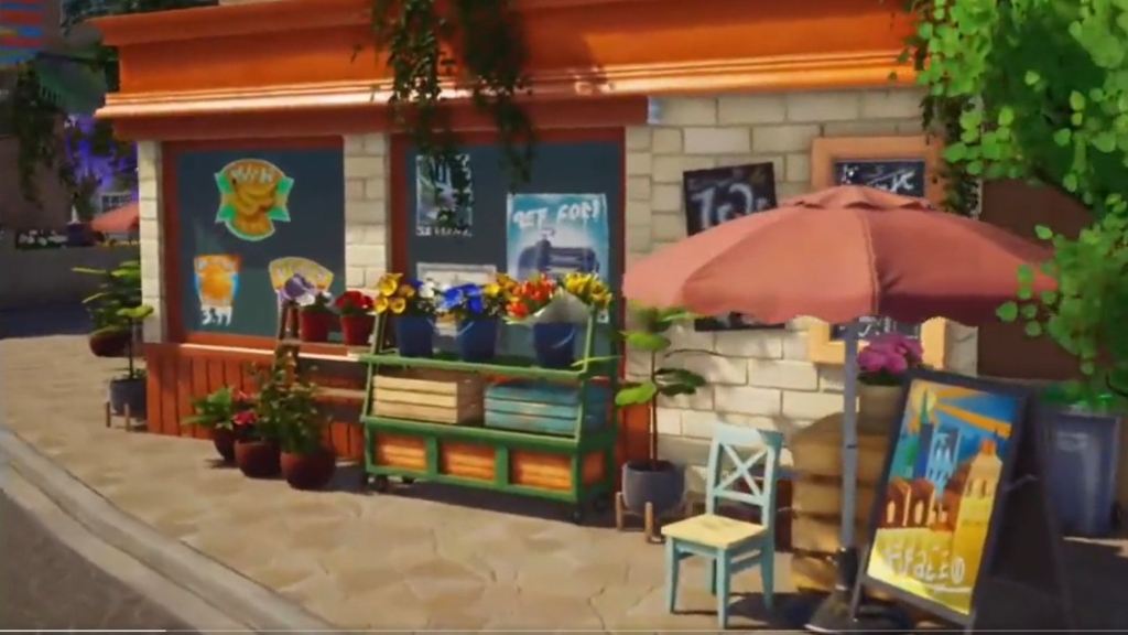 Imagem do The Sims 5 beta. Mostrando uma banca de vendas, cadeiras e muitas plantas. O estilo europeu é forte e os gráficos são caprichados.