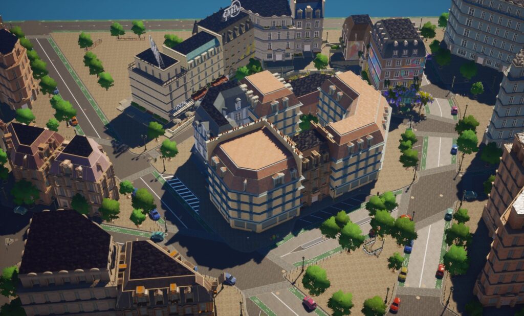 Cidade com prédios, estilo europeu, gráficos melhores em relação ao The Sims 4, árvores bem posicionadas e ruas detalhadas. Imagem do The Sims 5 beta.