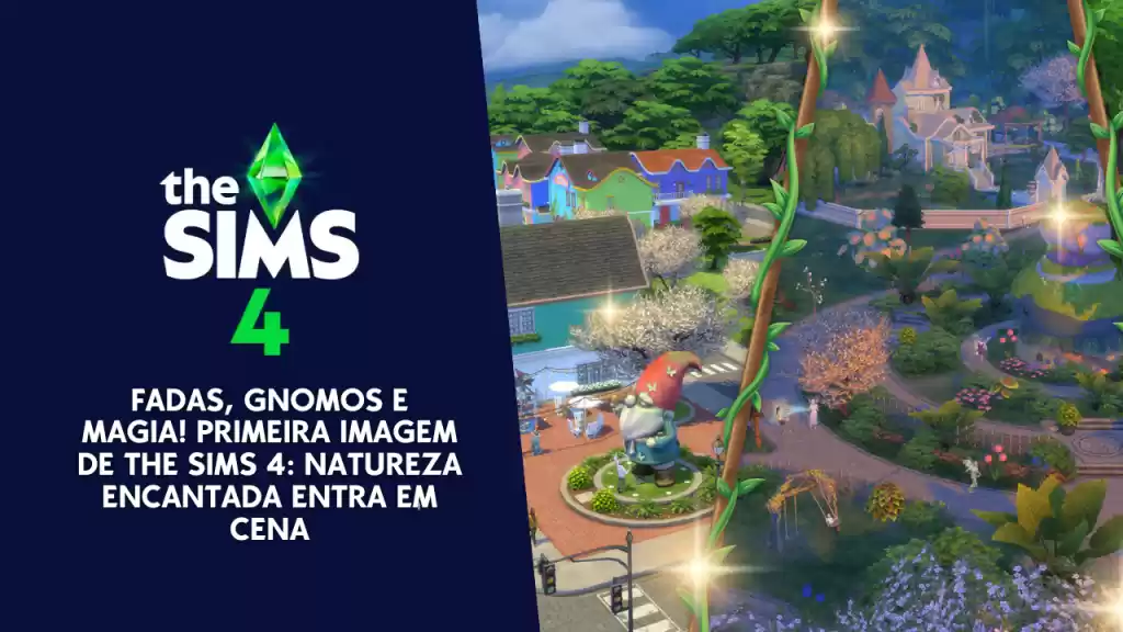 Imagem do jogo The Sims 4 mostrando um cenário com fadas e gnomos em um ambiente natural.