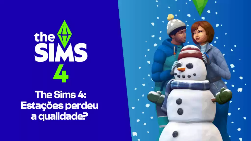 Personagens de The Sims 4 interagindo com um boneco de neve em um cenário de inverno.