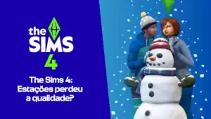 Personagens de The Sims 4 interagindo com um boneco de neve em um cenário de inverno.