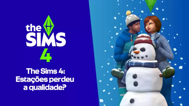 Personagens de The Sims 4 interagindo com um boneco de neve em um cenário de inverno.