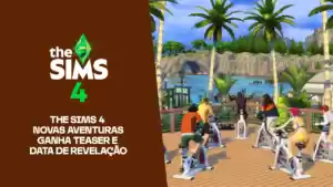 Jogadores de The Sims 4 participando de uma aula de ciclismo em um ambiente ao ar livre com palmeiras.