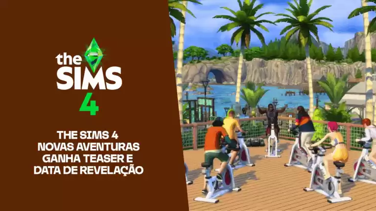 Jogadores de The Sims 4 participando de uma aula de ciclismo em um ambiente ao ar livre com palmeiras.