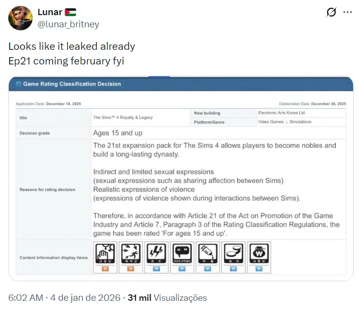 The Sims 4 Royalty & Legacy aparece em registro de classificação na Coreia do Sul