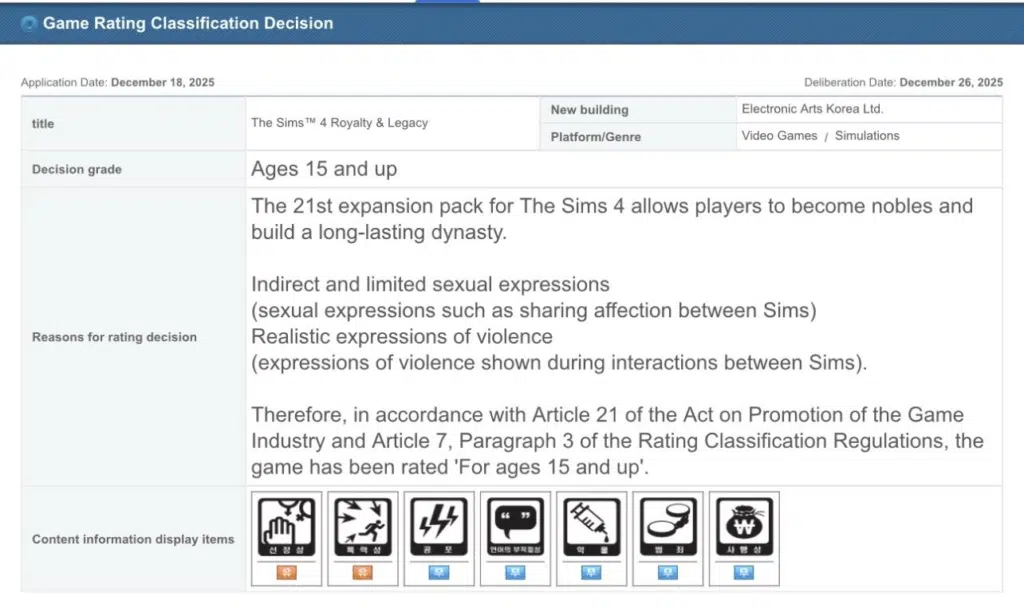 The Sims 4 Royalty & Legacy aparece em registro de classificação na Coreia do Sul
